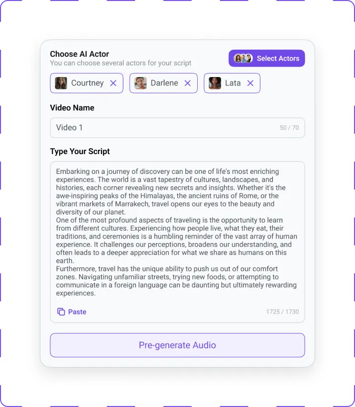 Interface for selecting AI actors and entering a video script. Selected actors: Courtney, Darlene, and Lata. Below is a script field containing text about the enriching experiences of travel, followed by a 'Pre-generate Audio' button