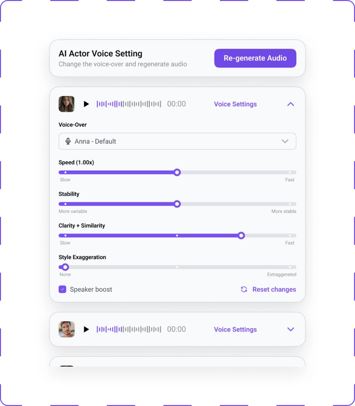 Voice settings panel for AI-generated voice-over, featuring adjustable sliders for speed, stability, clarity, similarity, and style exaggeration, with options for speaker boost and resetting changes.