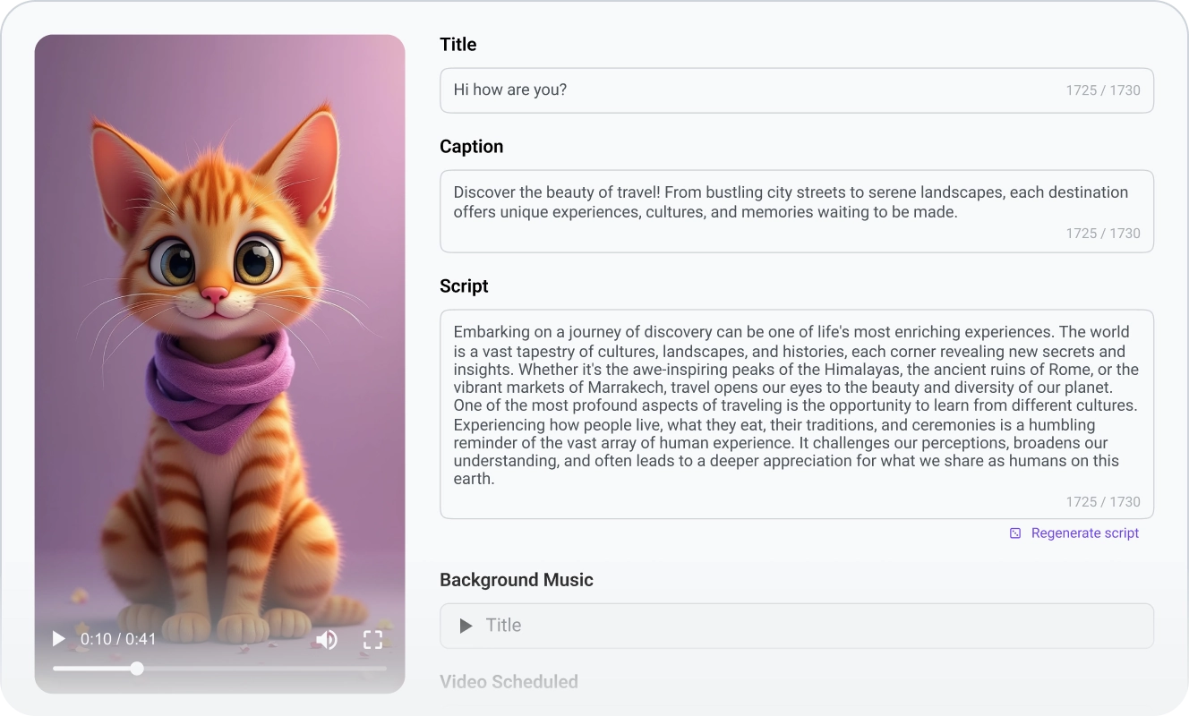 Captura de pantalla de un editor de vídeo con una ilustración de un gato atigrado naranja que lleva un pañuelo morado. Los campos muestran: Título ('Hola ¿cómo estás?'), Pie de foto sobre el viaje, y un Guión detallado. Más abajo hay una sección para Música de fondo y 'Vídeo programado'.