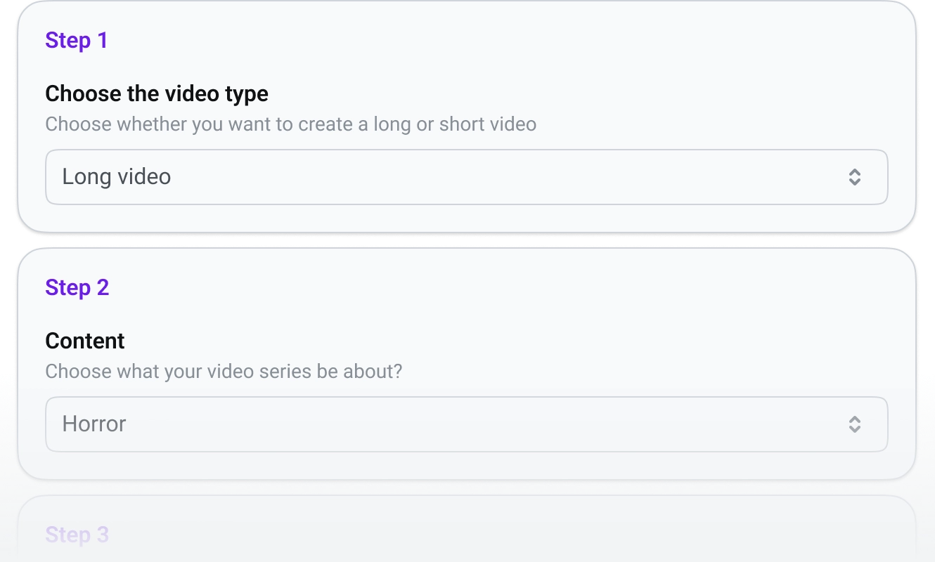 Una interfaz con opciones para seleccionar el tipo de vídeo (largo o corto) y el género del contenido (por ejemplo, Terror) para una serie de vídeos.