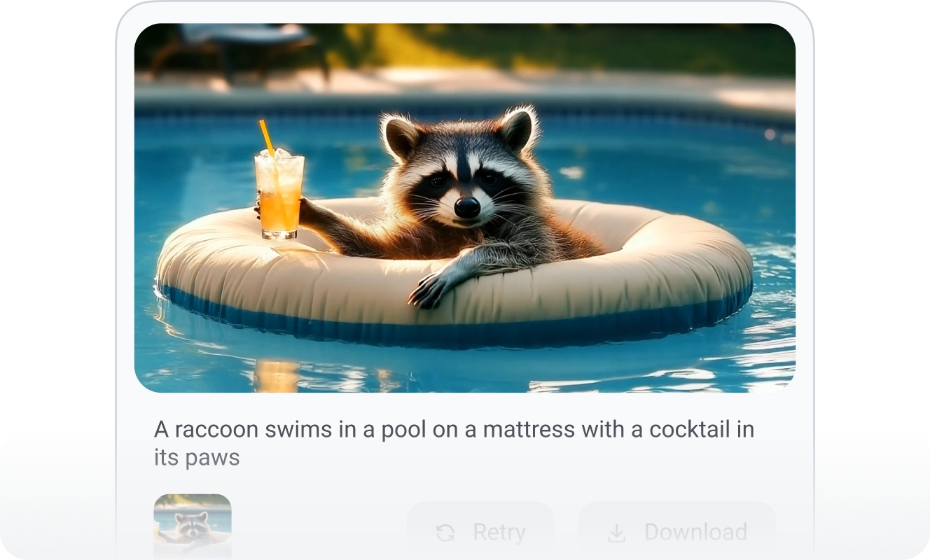 A raccoon relaxing on a pool mattress, holding a cocktail in its paws, with a calm pool background