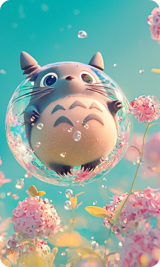 Un personaje animado redondo parecido a una criatura del bosque flotando dentro de una burbuja transparente, rodeado de flores rosas y un cielo azul.
