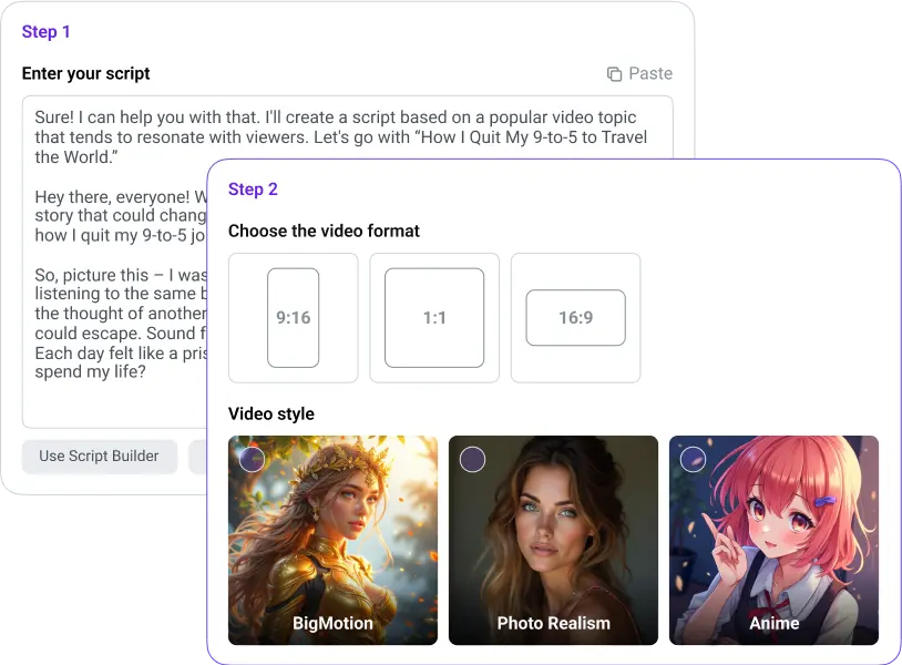 Video creation interface with script input, format selection, and style options: BigMotion, Photo Realism, Anime.
