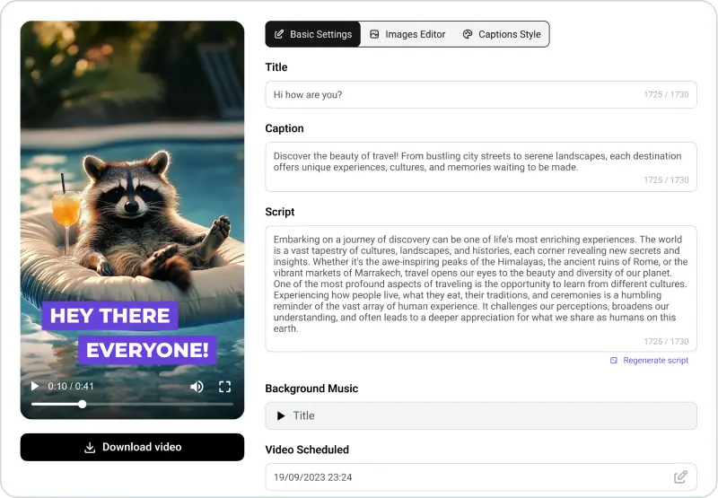 Video editing interface showing a raccoon lounging with a drink. Includes title, caption, script, background music options, and a download button.