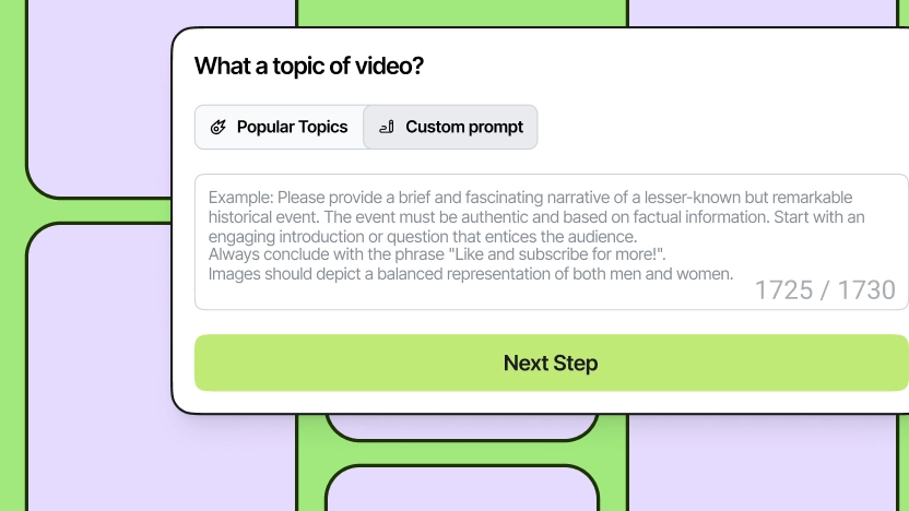 Interfaz para seleccionar un tema de vídeo: campo de entrada para un tema personalizado y ejemplos de temas predefinidos. Botón "Paso siguiente" en la parte inferior.