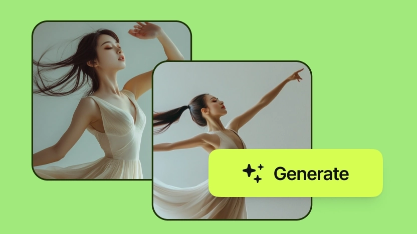 Dos imágenes de una bailarina que se alternan suavemente con un botón "Generar" para crear vídeos dinámicos.