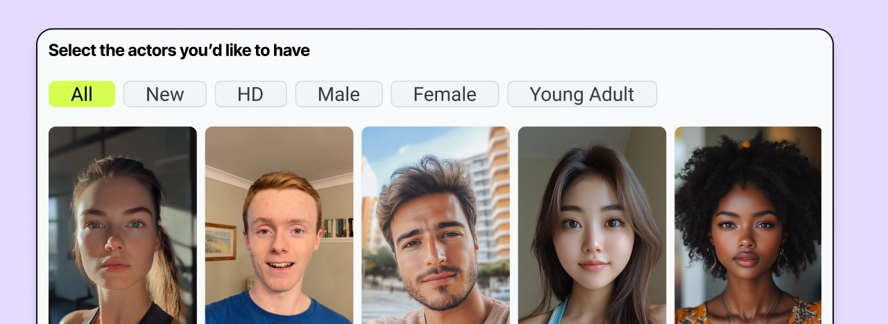 A gallery of avatars: men and women of different ages. Filter panel for selection: New, HD, Male, Female, Young Adult.