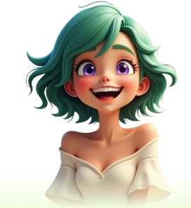 Uma mulher alegre e realista com cabelos curtos e exuberantes na cor verde-esmeralda, exalando felicidade e diversão. Seu sorriso brilhante e seus olhos expressivos transmitem uma sensação de calor e entusiasmo.