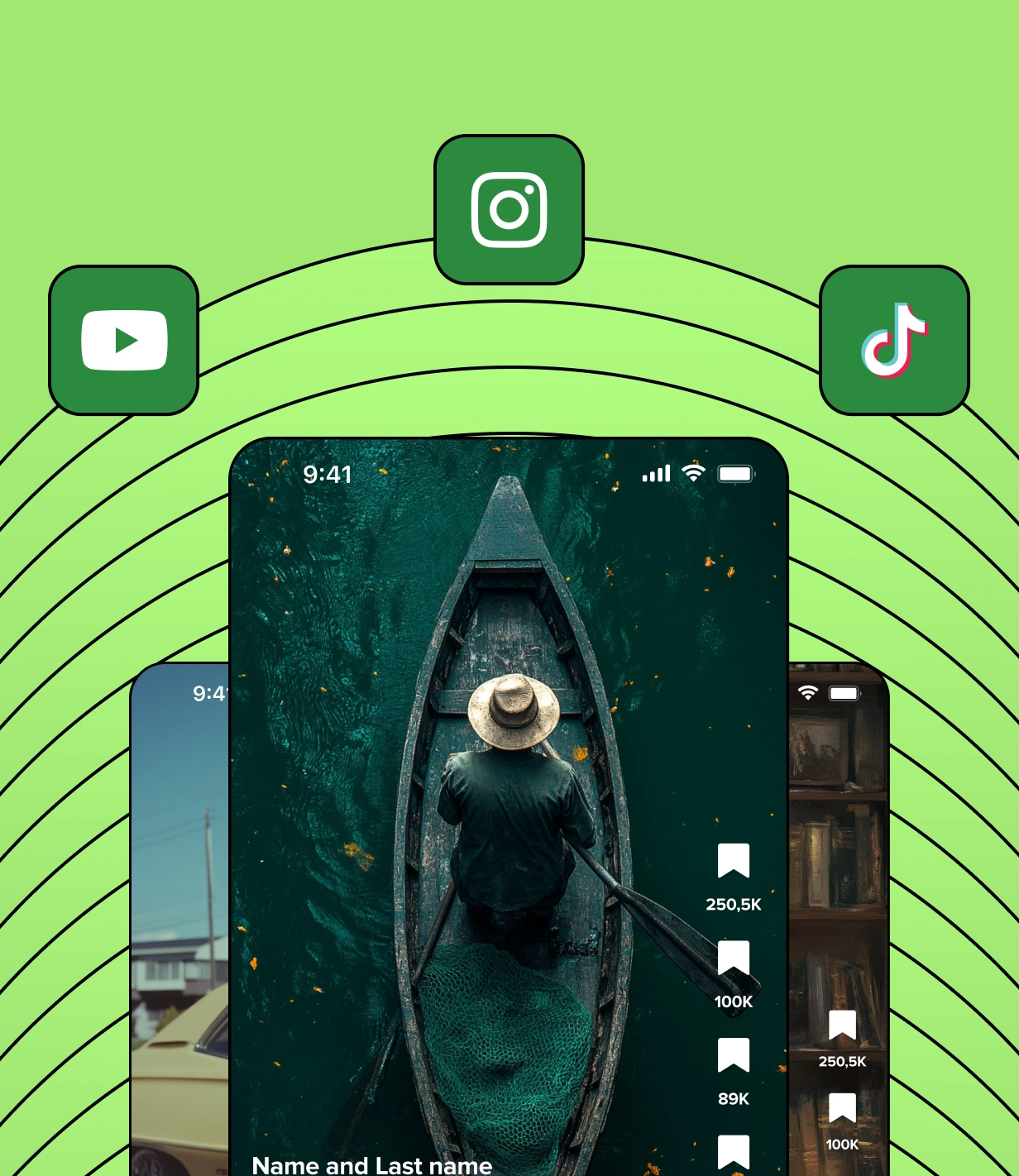 "Vista aérea de una persona remando una barca de madera en un lago verde, con superposiciones de pantallas de aplicaciones e iconos de redes sociales para YouTube, Instagram y TikTok".