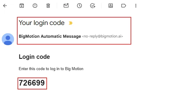Example BigMotion login code email