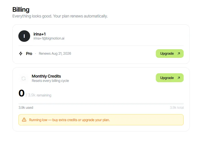BigMotion Billing dashboard