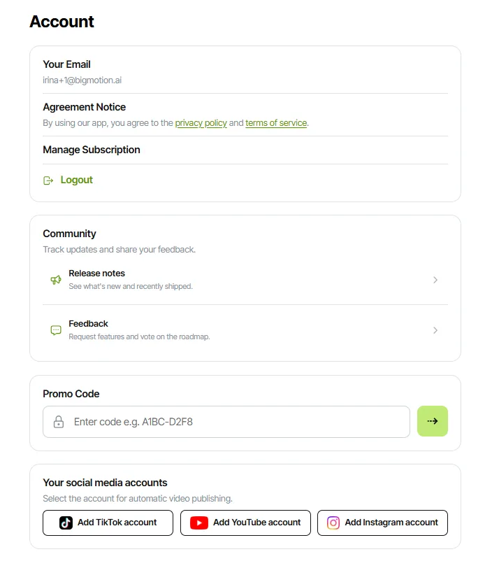 BigMotion Account settings page