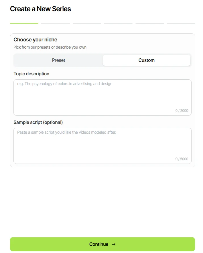 Custom topic description field on the Create a New Series screen