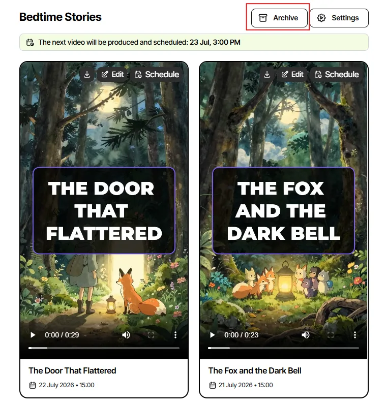 Series page with the Archive button